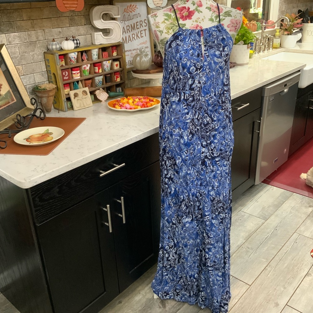 Lucky Brand Indigo Floral Keyhole Maxi Dress Size Medium Boho Feminine Cotton